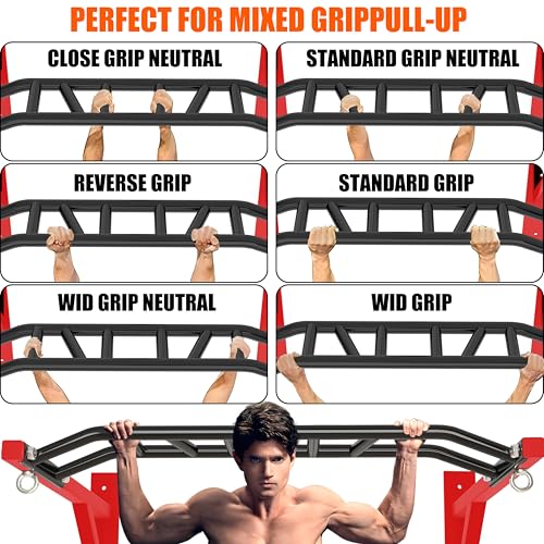 Upgrade Pull Up Bar Wall Mounted,Heavy Duty Multi Grip Chin Up Bar for Strength Training, 600 lbs Capacity, Durable Steel Construction, Perfect for Home and Garage Workouts - color: Red+Black