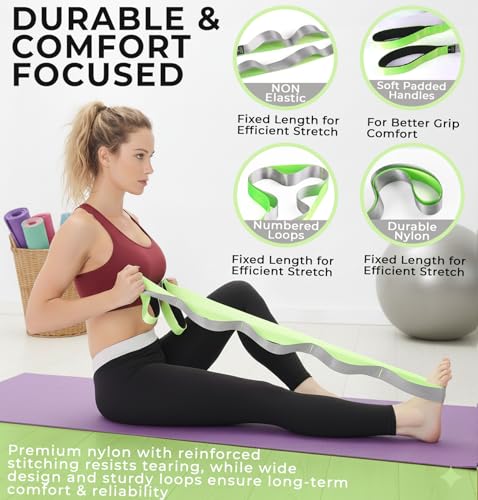 TAVIEW Yoga Strap for Stretching – Stretch Band with 12 Loops –Multi-Grip Pilates Hamstring Stretcher Belt – Physical Therapy Equipment for Best Flexibility