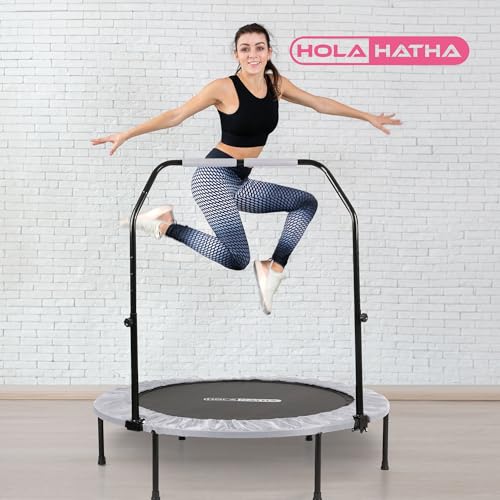 48-Inch Foldable Mini Trampoline Fitness Rebounder for Home Gym Workouts, White – with 5-Level Adjustable Handle, Heavy-Duty Steel Frame, Portable Design, and Supports up to 440 Pounds