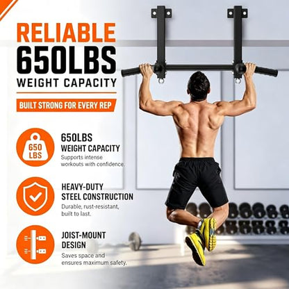 Joist Mounted Pull Up Bar, 650lbs Heavy Duty Strength Training Pullup Bars, Multi-Grip Chin Up Bar for Home Gym, Garage & Basement Ceiling Beam Installation