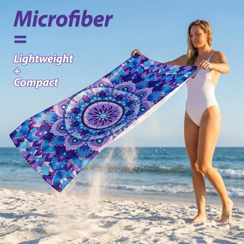 Microfiber Beach Towel, Quick Dry Travel Towel Large Sand Free Towel for Beach, Camping, Swim Pool, Gym, Sports& Yoga 71"x32", Tie Dye Mandala