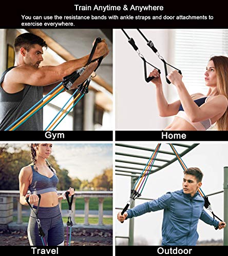 5 Stackable Resistance Bands Upto 100 lbs Home Gym Physical Workout Set Includes Door Anchor, Ankle Straps & Handles Self Training for Men & Women Body Toning[12 PC Set][Easy Carry]