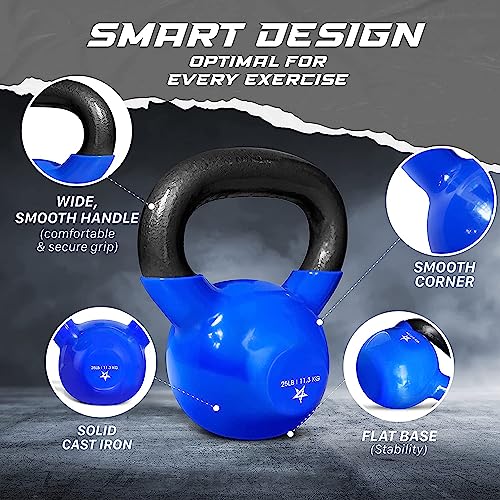 Yes4All Kettlebell, 5-100 LB Vinyl Coated Cast Iron Strength Training Kettlebells for Home Gym Exercises, Fitness, Full Body Workout Equipment, Push Ups, and Grip Strength - color: E. 25LB - Dark Blue, style: Vinyl Coated