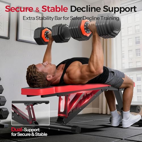 Adjustable Weight Bench up to 6.5'', Dual-Support Workout Bench & 10 Backrests for Chest Shoulders Arms for Home Gym, 660LBS Capacity but Compact and Foldable Strength Bench Apartment Room