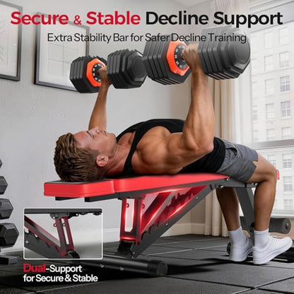 Adjustable Weight Bench up to 6.5'', Dual-Support Workout Bench & 10 Backrests for Chest Shoulders Arms for Home Gym, 660LBS Capacity but Compact and Foldable Strength Bench Apartment Room