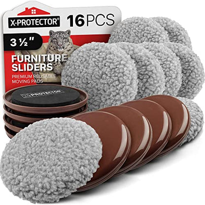 Furniture Sliders X-PROTECTOR - 8+8 Pack 3 1/2” - Multi-Surface Furniture Sliders for Carpet & Hard Floors - 8 Furniture Movers for Carpeted Floors and 8 Hardwood Socks - Move Your Furniture Easily!