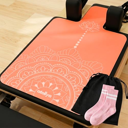 Pilates Reformer Mat Non Slip – Washable Reformer Mat Cover with Grip Socks & Mesh Bag, Sweat Absorbing Pilates Reformer Towel for Studio & Home Use - color: Coral