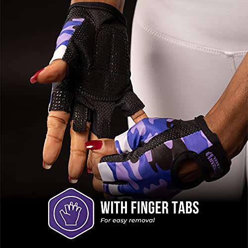 Contraband Pink Label 5217 Women's Design Series Camo Print Lifting and Rowing Gloves (Pair) - Lightweight Vegan Medium Padded Microfiber Amara Leather w/Griplock Silicone - color: Purple, size: Small
