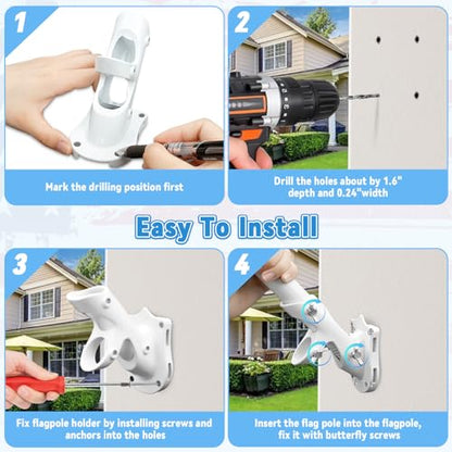 Flag Pole Brackets for House, REERON 2-Positions Metal 1" Flagpole Holder Mounts, Aluminium Rustproof Outside Flag Pole Wall Porch Mounting Bracket with 3 Fixed Holes & Steel Hardwares (White-2 Pack)
