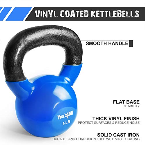 Yes4All Kettlebell, Vinyl Coated Kettlebell Cast Iron Sets with Stable Flat Bottom for Full Body Workout, Push up, Grip Strength Training & Weights Exercises - color: Blue, style: 5 - 15lb