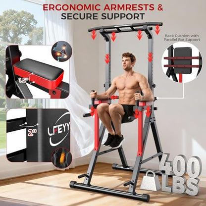 Power Tower Pull Up Bar Free Standing - 13-Level Adjustable Height Dip Station with X-Frame Stability, Multi-Grip Handles, Backrest, Anti-Slip Foot Pads - Home Gym Strength Training Equipment - color: Black Red