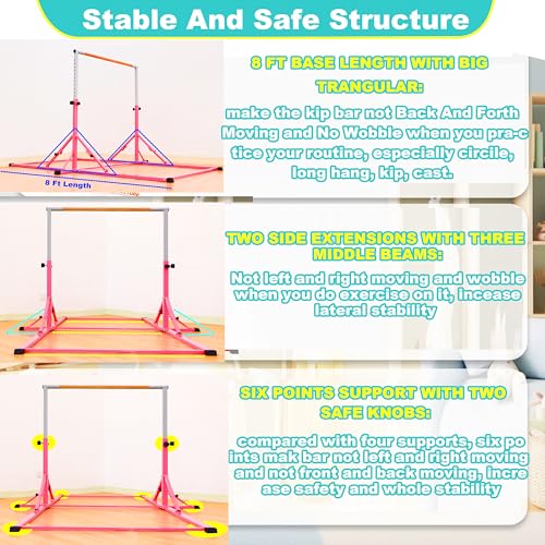 MARFULA Gymnastic Kip Bar for Kids Teens Ages 3-25 of All Gymnastic Levels - color: Pink (Bar with Mat - 8 Ft Base)