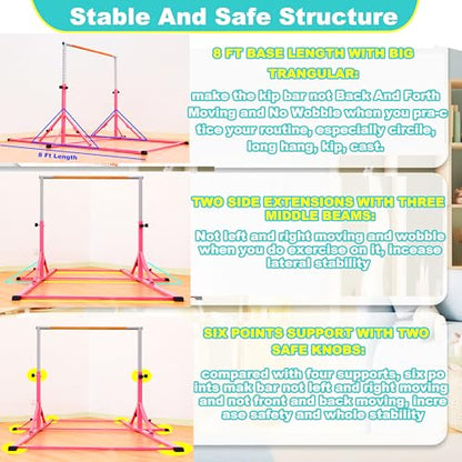 MARFULA Gymnastic Kip Bar for Kids Teens Ages 3-25 of All Gymnastic Levels - color: Pink (New Style - 8 Ft Base)