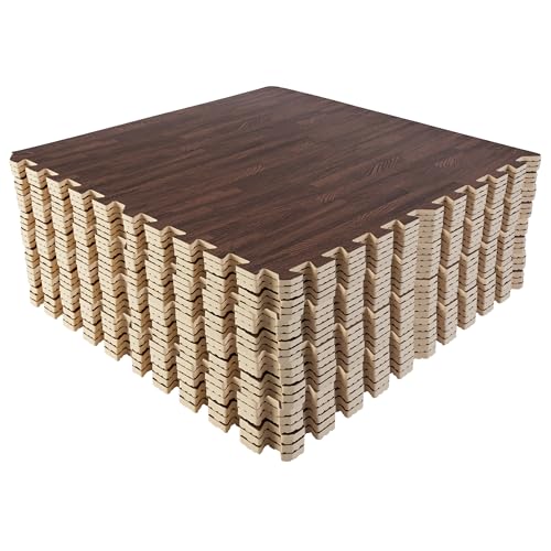 Foam Floor Tiles - 96sqft Wood Grain Interlocking Foam Tiles with Border - Foam Play Mat Playroom or Gym Flooring for Home Gym by Stalwart (Dark) - color: Dark Wood Grain, size: 24 Pack