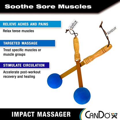 CanDo Percussion Massagers 2 Pack Manual Ball Massage, Flexible Stick Massage Tools for Sore Muscles, Back, Shoulders, Neck, Legs, and Total Body with Comfort Grip Wood Handles, Blue