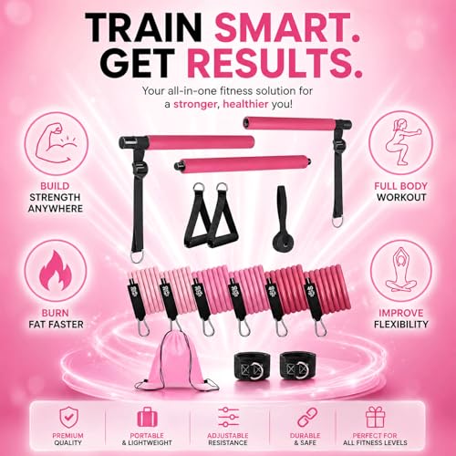 Pilates Bar Kit with Resistance Bands, Pilates Workout Equipment for Home Gym, Adjustable 3-Section Pilates Bar Kit for Women & Men, Ideal Pilates at Home Kit for Full Body Training & Flexibility