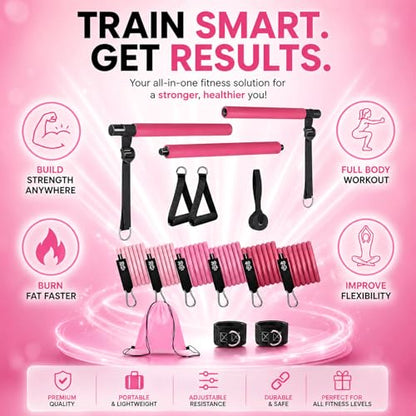 Pilates Bar Kit with Resistance Bands, Pilates Workout Equipment for Home Gym, Adjustable 3-Section Pilates Bar Kit for Women & Men, Ideal Pilates at Home Kit for Full Body Training & Flexibility