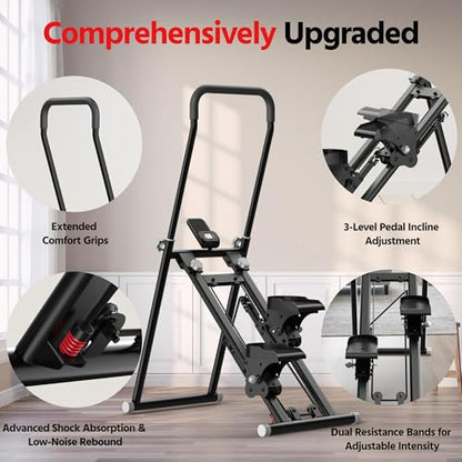 Stair Stepper for Home Gym Exercise, New Version Compact Folding Stair Climber with Quiet Shock-Absorbing Spring, Adjustable Resistance, Long Foam Grip, Stairmaster for Full-Body Workout Equipment