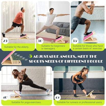 Slant Board for Calf Stretching, Adjustable Portable Wooden Incline Board for Calf Stretcher with Training Poster, 300 Lbs Weight Capacity Calf Stretch Wedge for Leg, Knees, Heel, Ankle & Stretching