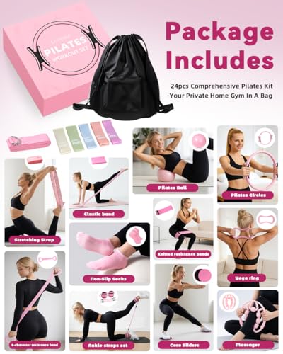 Pilates Kit for Home,24 pcs Workouts Sets for Women 14”Pilates Circles 8" Yoga Ball, Resistance Band for Ankle,Back,Legs,Glutes,Pilates Equipment Ideal for Home Gym & Travel Fitness Essentials