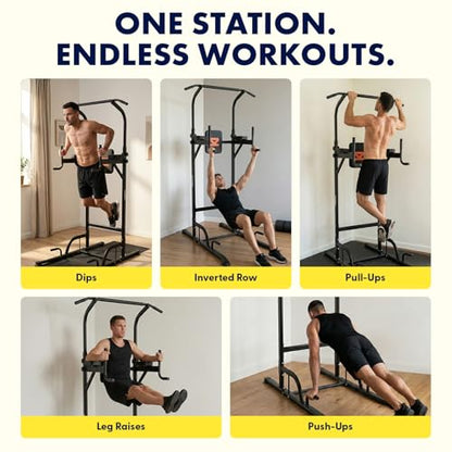 Power Tower Pull Up Station with Free Standing Pull Up Bar, Multi-Grip Workout Frame with 6 Adjustable Heights, H-Base Stability, Steel Construction, 330 lb Capacity for Home Gym, Black