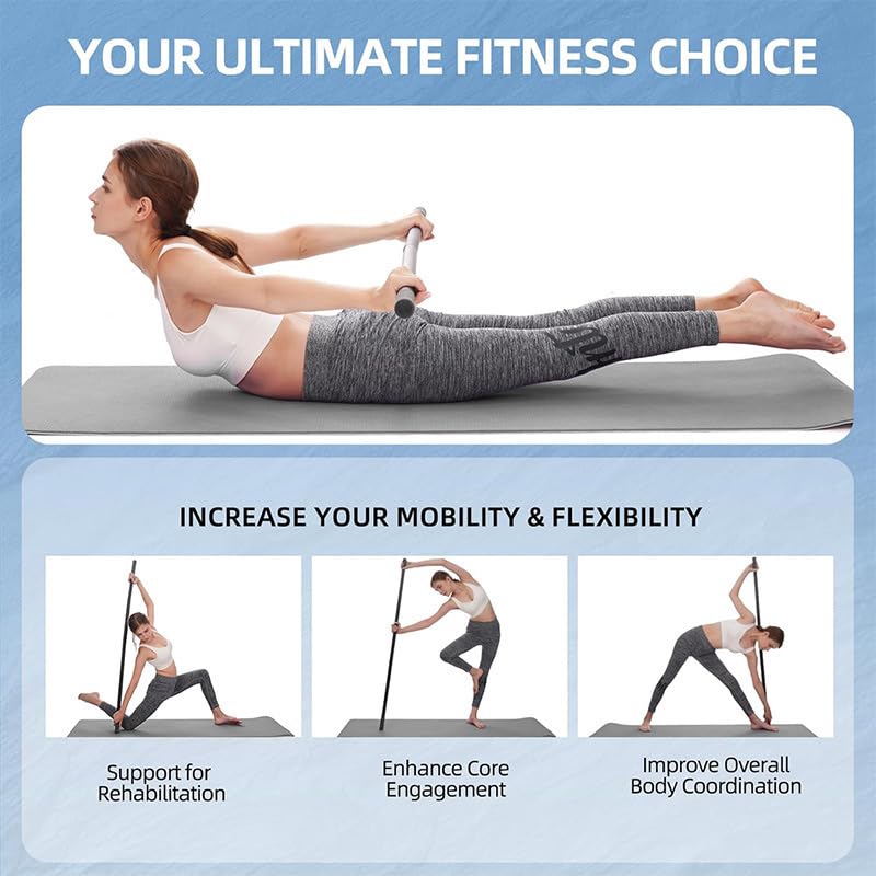 1x Yoga Stick Sturdy Steel, 30/45/60 Inches Portable Mobility Stick with Non-Slip Handle for Posture Correction, Balance, Physical Therapy, Exercise Stick with 4 Steel Rods for Stretching, Flexibility