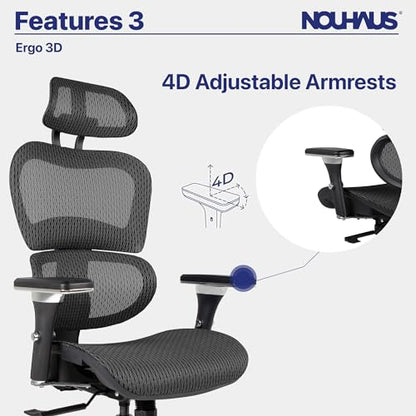 Nouhaus Ergo3D Ergonomic Office Chair Lumbar Support Mesh Office Chair with 4D Adjustable Armrest, Adjustable Headrest and Wheels, Mesh High Back Home Office Desk Chairs(Black) - color: Black