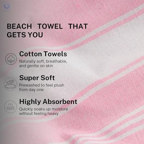Cotton Turkish Beach Towel with Towels Oversized 36"x72" Pool Absorbent Extra Large Quick Dry Sand Travel Towel (Pink, 2 Pack)