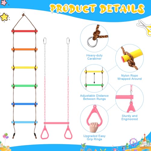 2 Pack Gym Swing Sets 48'' Trapeze Swing Bar Monkey Bar Heavy Duty Chain with Locking 6.8ft Climbing Rope Ladder Climbing Game for Accessories Tree House Playground Outdoor Play (Pink) - color: Pink