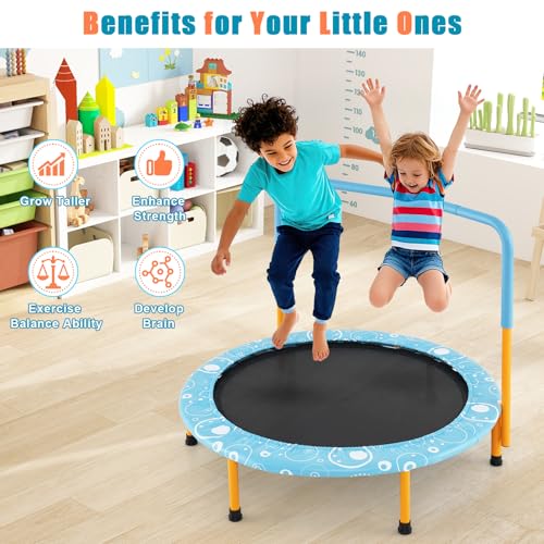 GYMAX Indoor Trampoline, 36” ASTM Approved Kids Trampoline with Removable Handrails & Safety Pad, Spring-Free Folding Mini Rebounder, Small Fitness Trampoline for Toddler/Adults