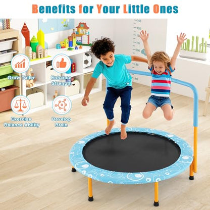 GYMAX Indoor Trampoline, 36” ASTM Approved Kids Trampoline with Removable Handrails & Safety Pad, Spring-Free Folding Mini Rebounder, Small Fitness Trampoline for Toddler/Adults