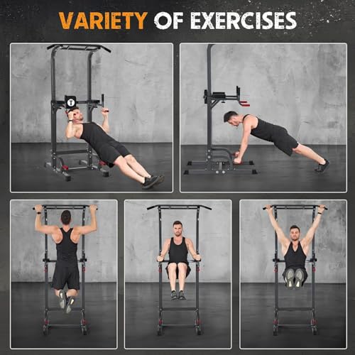 SogesPower Power Tower Pull Up Dip Stand Multi-Function Adjustable Height Workout Equipment Dip Station Fitness Strength Training for Home Gym 330LBS - color: Black