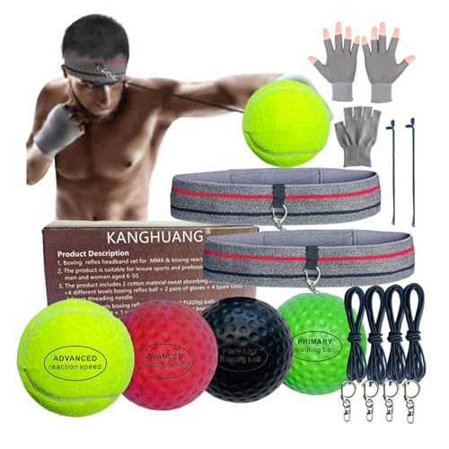 reflex Balls Boxing Headband Set for MMA Boxing Reaction Training 4 Different levels Balls+2 Sweat Absorbing Headbands+4 Spare Lines+2 gloves for all people