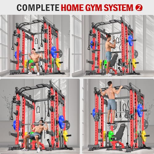 Smith Machine with Cable Crossover System, Multi-Function Power Cage Squat Rack for Home Gym, Power Rack and Packages Weight Sets.