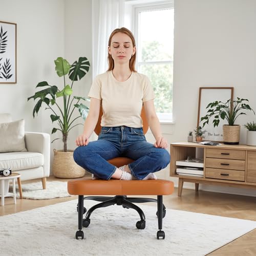 Homall Ergonomic Cross Legged Office Desk Chair with Wheels, 360° Swivel and Adjustable Height for Meditation and ADHD,Criss Cross Kneeling Chair with Lumbar Support (Leather, Brown) - color: Brown