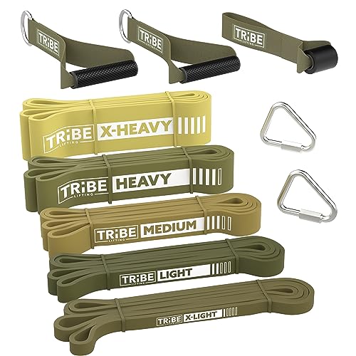 Tribe Lifting Resistance Bands for Working Out Men and Women - Set of 5 Pull Up Bands for Strength Training, Exercise Bands with Handles, Door Anchor and Bar Options for Home Gym