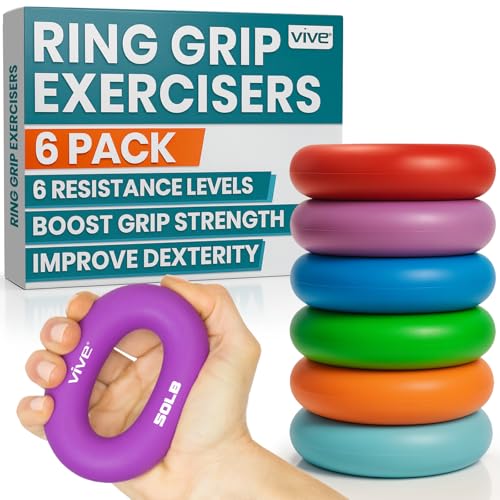 Vive Hand Strengthener Grip Ring - Forearm Ring Hand Exercisers - Silicone Squeezer Gripper for Muscle Strengthening Training Tool - Arthritis Finger Physical Therapy PT Kit Trainer - color: Multicolor (6 Pack)