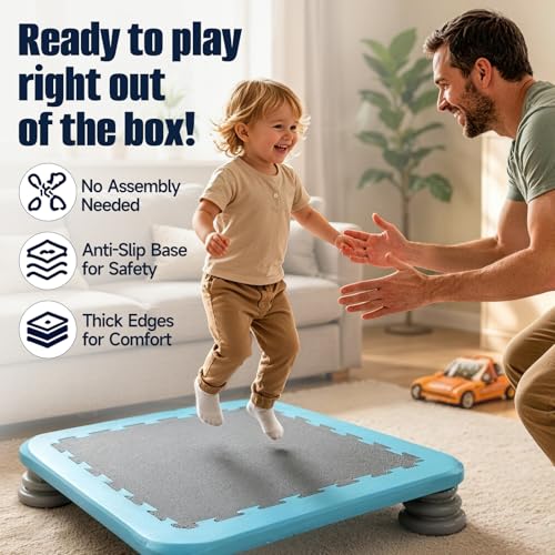 25" Square Mini Trampoline Board for Kids, Indoor Sensory Rebounder & Safe Jumping Pad with Non-Slip Base, Develops Balance Coordination & Motor Skills, Durable for Ages 3-12, Holds 165 lbs