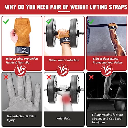 COFOF Weight Lifting Wrist Strap, Double Layer Leather Wrist Strap for Deadlift and Powerlifting, Adjustable Neoprene Padded Gym Workout Lifting Hooks (Pair) - color: Brown