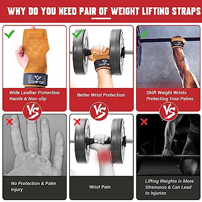 COFOF Weight Lifting Wrist Strap, Double Layer Leather Wrist Strap for Deadlift and Powerlifting, Adjustable Neoprene Padded Gym Workout Lifting Hooks (Pair) - color: Brown