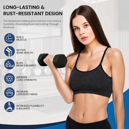 Neoprene Hexagon Dumbbells with Cast Ergo Handle (1 to 15lbs Pack of 1, 2, 4) | Durable Anti-Slip Exercise & Fitness Strength Training Free Weights for Home Gym | Black | For Men & Women