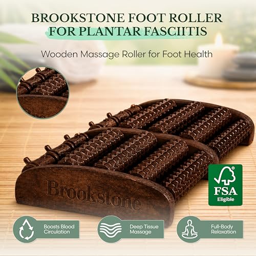 Brookstone Foot Massager Roller Plantar Fasciitis Pain Relief - Wooden Under Desk Feet Massage - Dual Manual Heel Massagers - Wood Rolling Acupressure Tool with Reflexology Guide - Gift for Men, Women