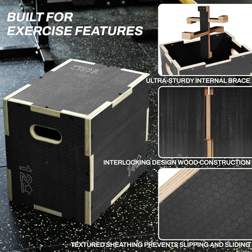 Signature Fitness 16" x 14" x 12" Non-Slip Wooden Plyo Box Jump Exercise Platform, Plyometric Workout Equipment for Home Gym, Training Step Box, Gray - size: 12x14x16"