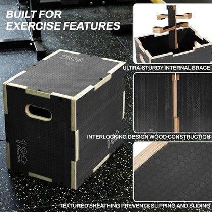 Signature Fitness 16" x 14" x 12" Non-Slip Wooden Plyo Box Jump Exercise Platform, Plyometric Workout Equipment for Home Gym, Training Step Box, Gray - size: 12x14x16"