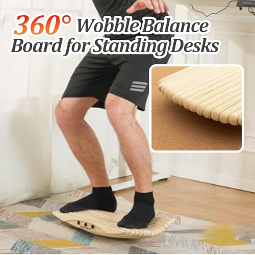 360° Wooden Wobble Balance Board for Standing Desk, 440LB Capacity 3D Anti-Fatigue Anti-Slip Rocker Board, Improve Focus & Core Strength, Surf Skate Ski Simulation for Home Office with Mat