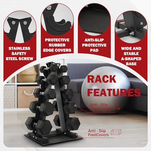 150 lb Dumbbell Set with Rack – 5/10/15/20/25 lb Pairs, Rubber Hex Weights for Home Gym, Cast Iron A-Frame Storage Stand for Full-Body Workout