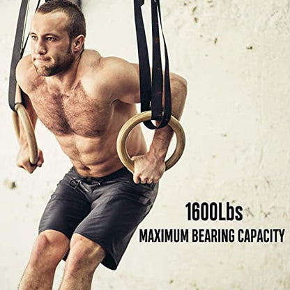 Rubberbanditz Wooden Gymnastic Rings with 16ft Adjustable Straps | Exercise Olympic Rings for Strength Training, Pull-Ups, Dips | Gymnastics Equipment | Fitness Rings for Men & Women