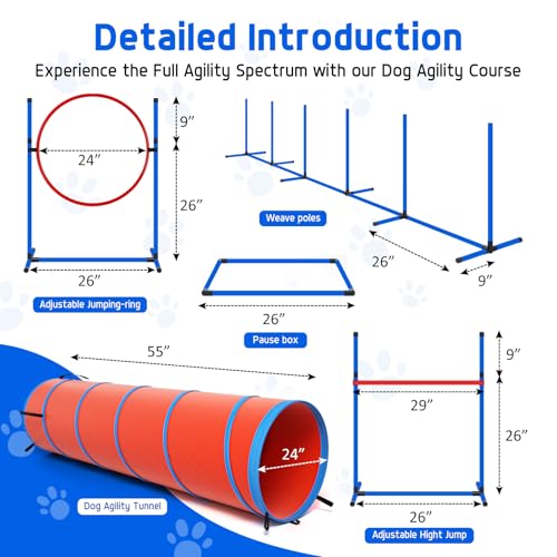 Dog Agility Equipment, Dog Agility Course Backyard Set Obstacle Course Backyard Includes Adjustable High Hurdle,6 Weave Poles,Extended Tunnel,Jump Ring,Square Pause Box,2 Balls,Whistle,2 Carrying Bags - size: 10 PCS Upgrade with tunnel