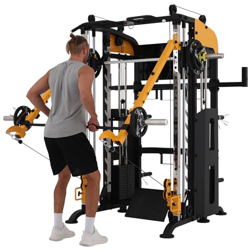 3061B Smith Machine with Adjustable Lever Arms, 2:1 Pulley Ratio All-in-One Home Gym System, Commercial Grade Squat Rack with Dual 440lbs Weight Stacks & Attachment (Safe Solo Training)