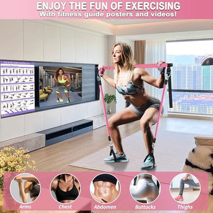 Portable Pilates Bar Kit with Resistance Bands for Men and Women - 3 Set Exercise Resistance Bands - Multifunctional Home Gym - Supports Full-Body Workouts – with Fitness Poster and Video